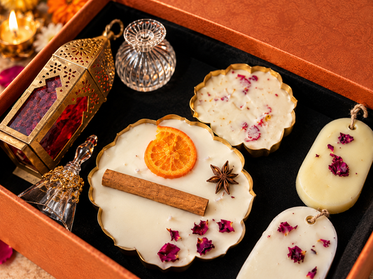 Festive Luxury Gift Hamper – Soy Wax Urli Candles, Borosilicate Glass Diya & Bell, Wardrobe Fresheners & Decorative Lantern