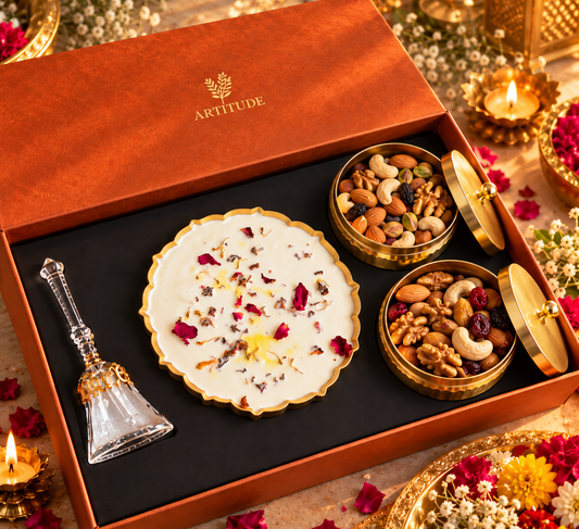 Royal Festive Gift Hamper | Soy Wax Urli Candle, Borosilicate Glass Bell & Premium Dry Fruits