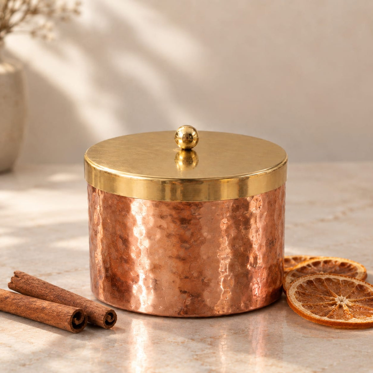 Luxury Diwali Gift Hamper with Wooden Soy Wax Spice Candle & Premium Dry Fruits in Copper finish Jars