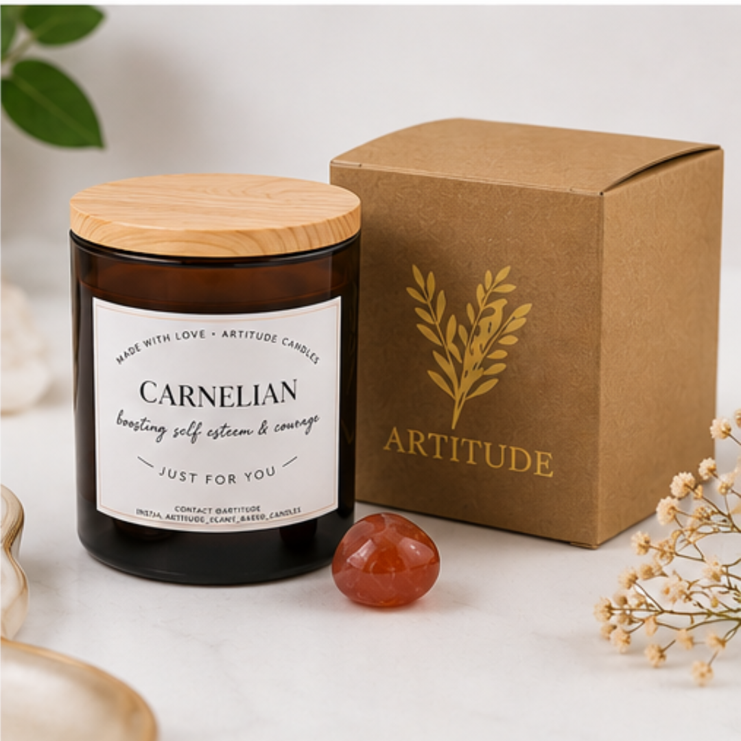 Crystal Candle Carnelian Stone. LAVENDER SCENT. Boost your self esteem & courage.