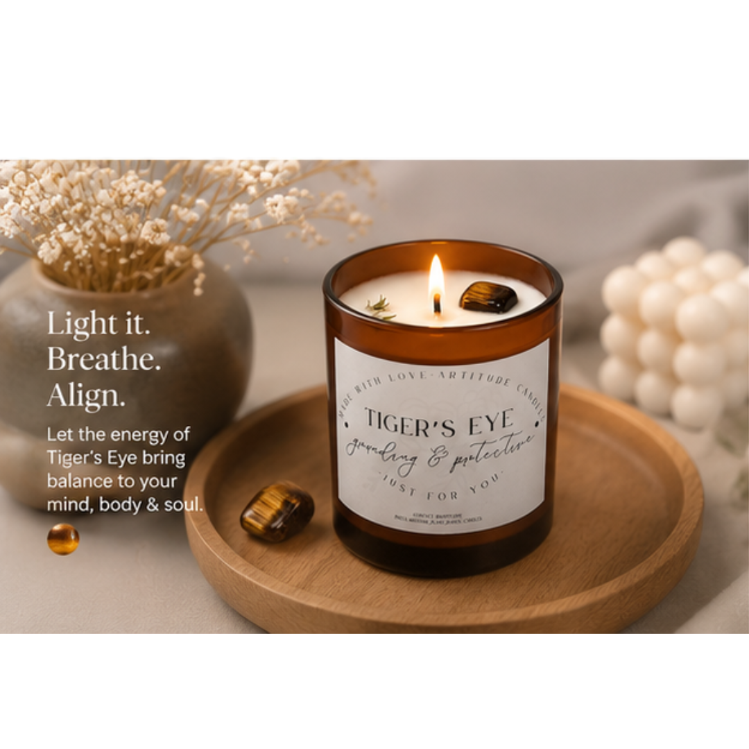 Crystal Candle Tiger's Eye. Lavender scent. Keeps grounded & protective