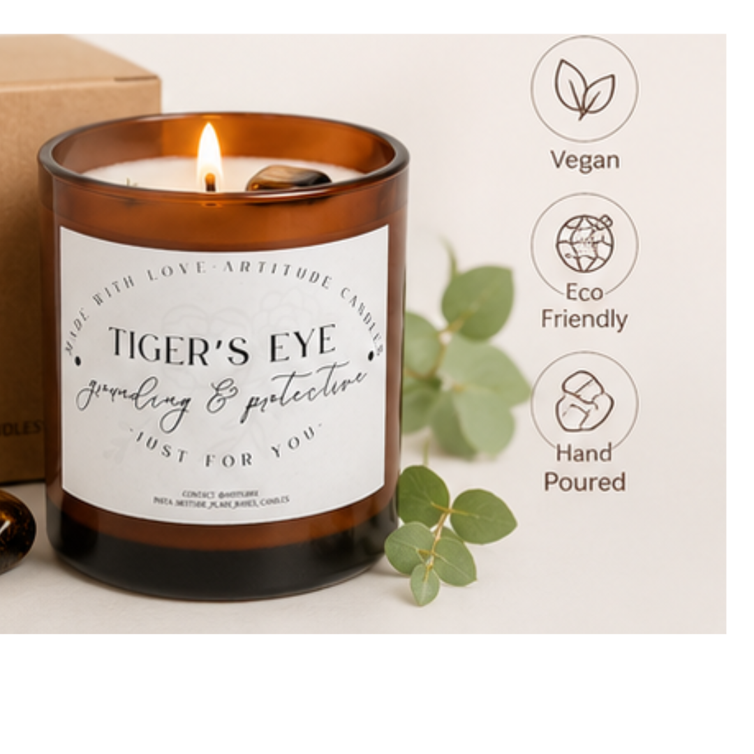 Crystal Candle Tiger's Eye. Lavender scent. Keeps grounded & protective