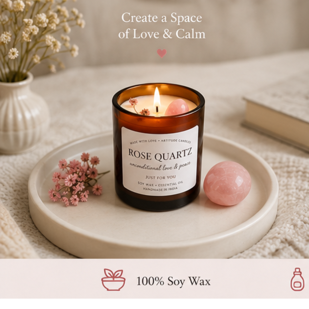 Crystal Candle Rose Quartz. LAVENDER SCENT. Aromatherapy, Love, Harmony & Emotional Healing.