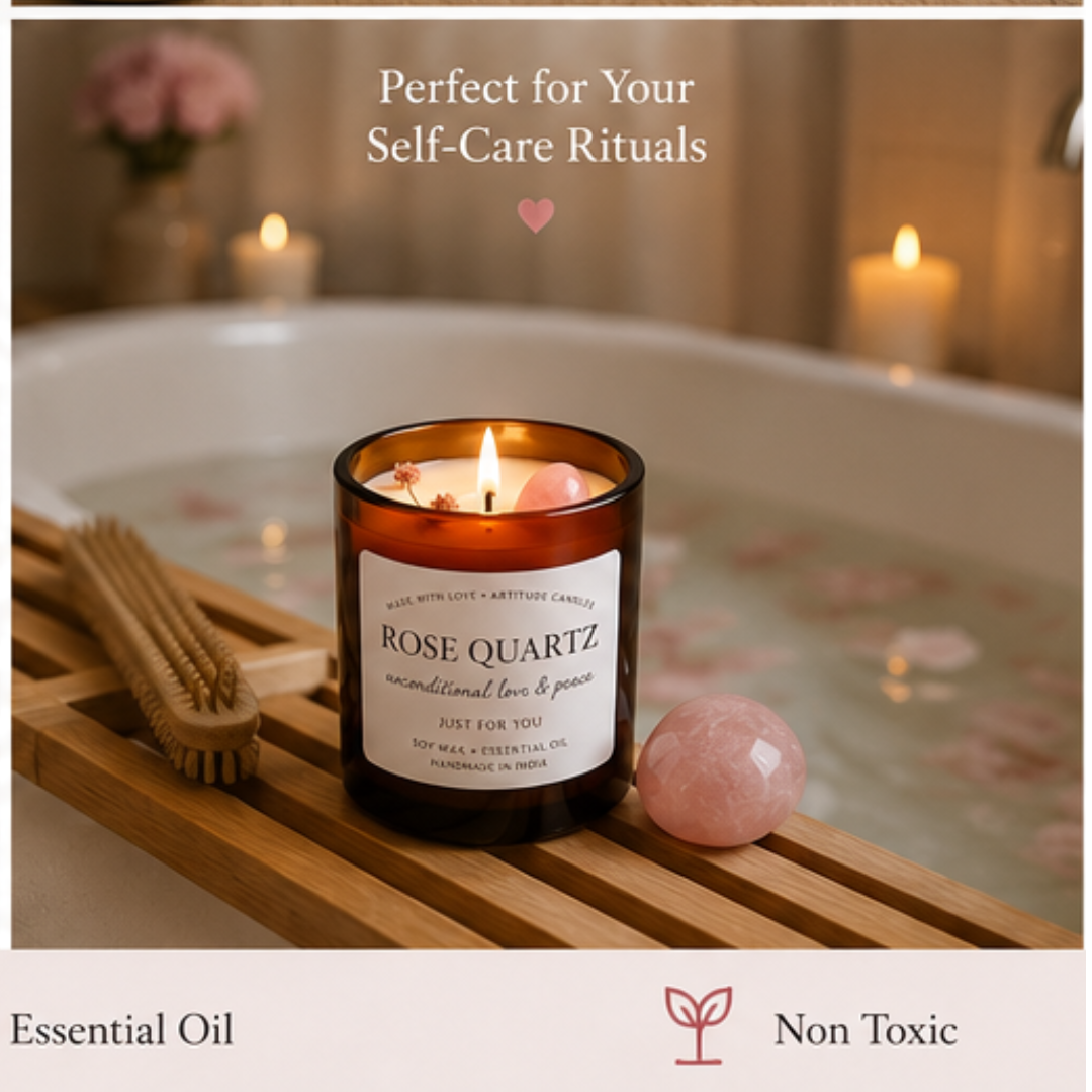 Crystal Candle Rose Quartz. LAVENDER SCENT. Aromatherapy, Love, Harmony & Emotional Healing.