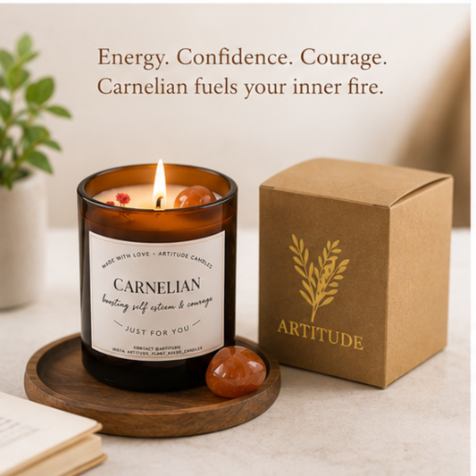 Crystal Candle Carnelian Stone. LAVENDER SCENT. Boost your self esteem & courage.