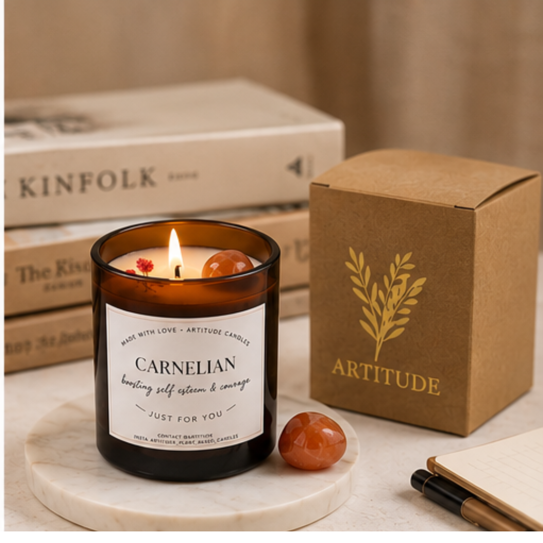 Crystal Candle Carnelian Stone. LAVENDER SCENT. Boost your self esteem & courage.