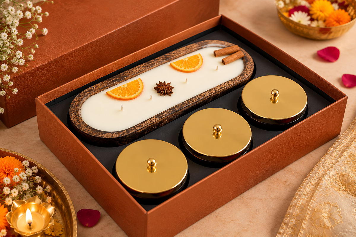 Luxury Diwali Gift Hamper with Wooden Soy Wax Spice Candle & Premium Dry Fruits in Copper finish Jars
