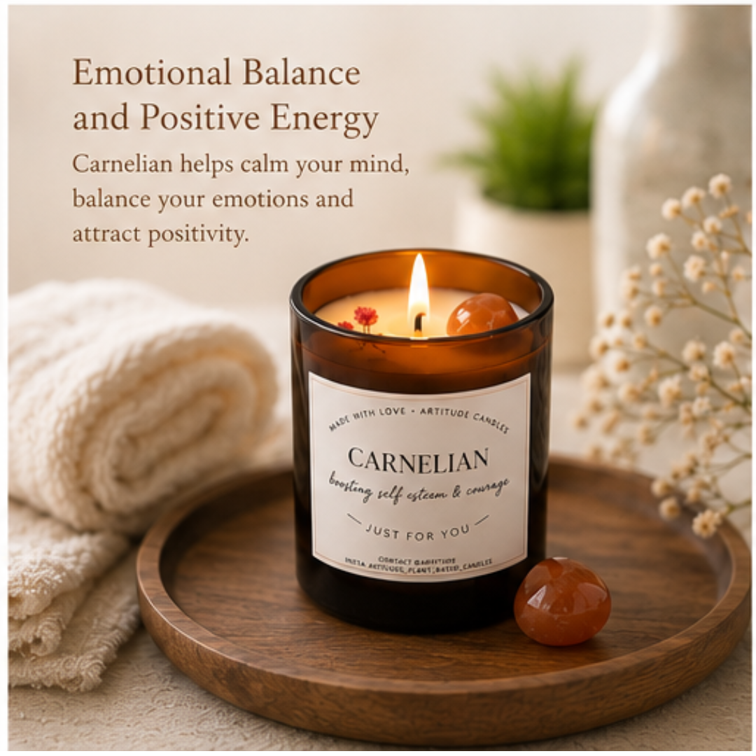 Crystal Candle Carnelian Stone. LAVENDER SCENT. Boost your self esteem & courage.