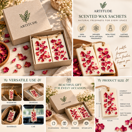 ARTITUDE  Rose scent Botanical Soy Wax Wardrobe Fresheners – Set of 2 | Alcohol-Free Essential Oil Scented Wax SachetsI