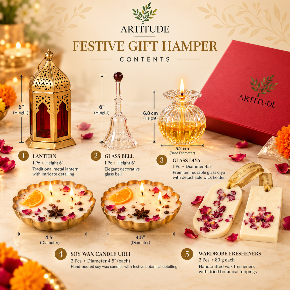 Festive Luxury Gift Hamper – Soy Wax Urli Candles, Borosilicate Glass Diya & Bell, Wardrobe Fresheners & Decorative Lantern