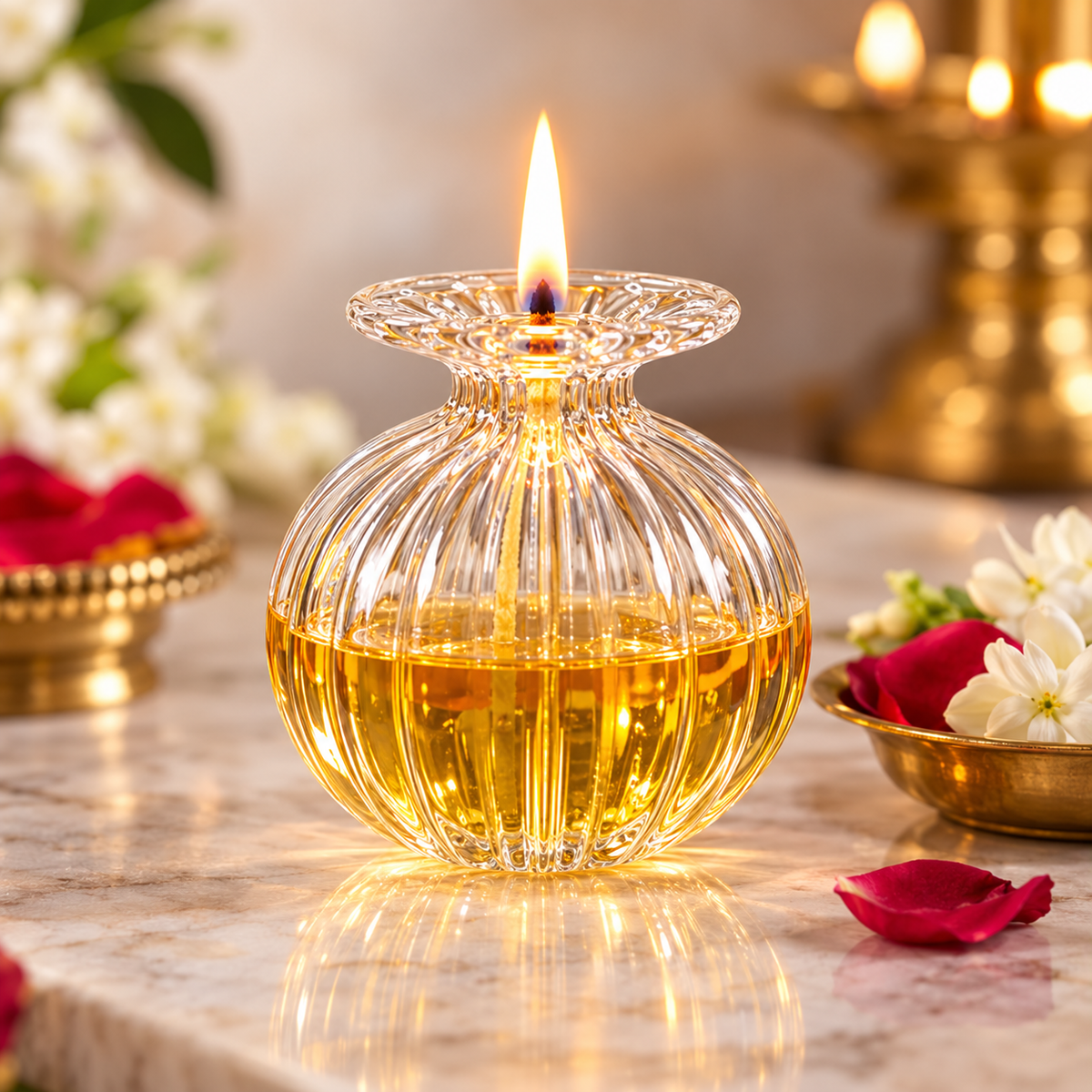 ARTITUDE Premium Crystal Glass Oil Diya with Detachable Wick Holder | Reusable Akhand Jyot for Pooja, Mandir & Festive Décor