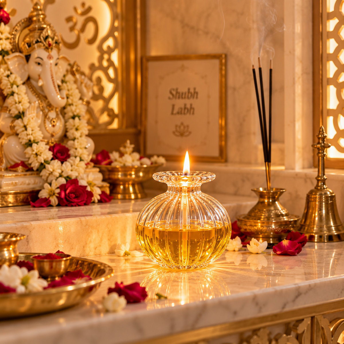 ARTITUDE Premium Crystal Glass Oil Diya with Detachable Wick Holder | Reusable Akhand Jyot for Pooja, Mandir & Festive Décor