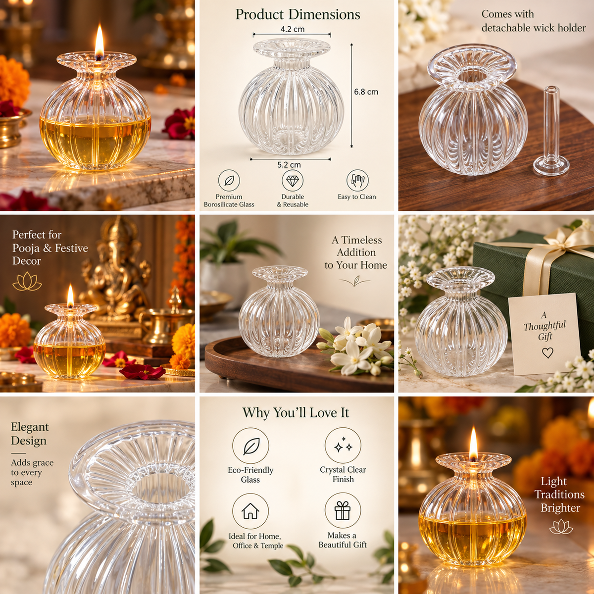 ARTITUDE Premium Crystal Glass Oil Diya with Detachable Wick Holder | Reusable Akhand Jyot for Pooja, Mandir & Festive Décor