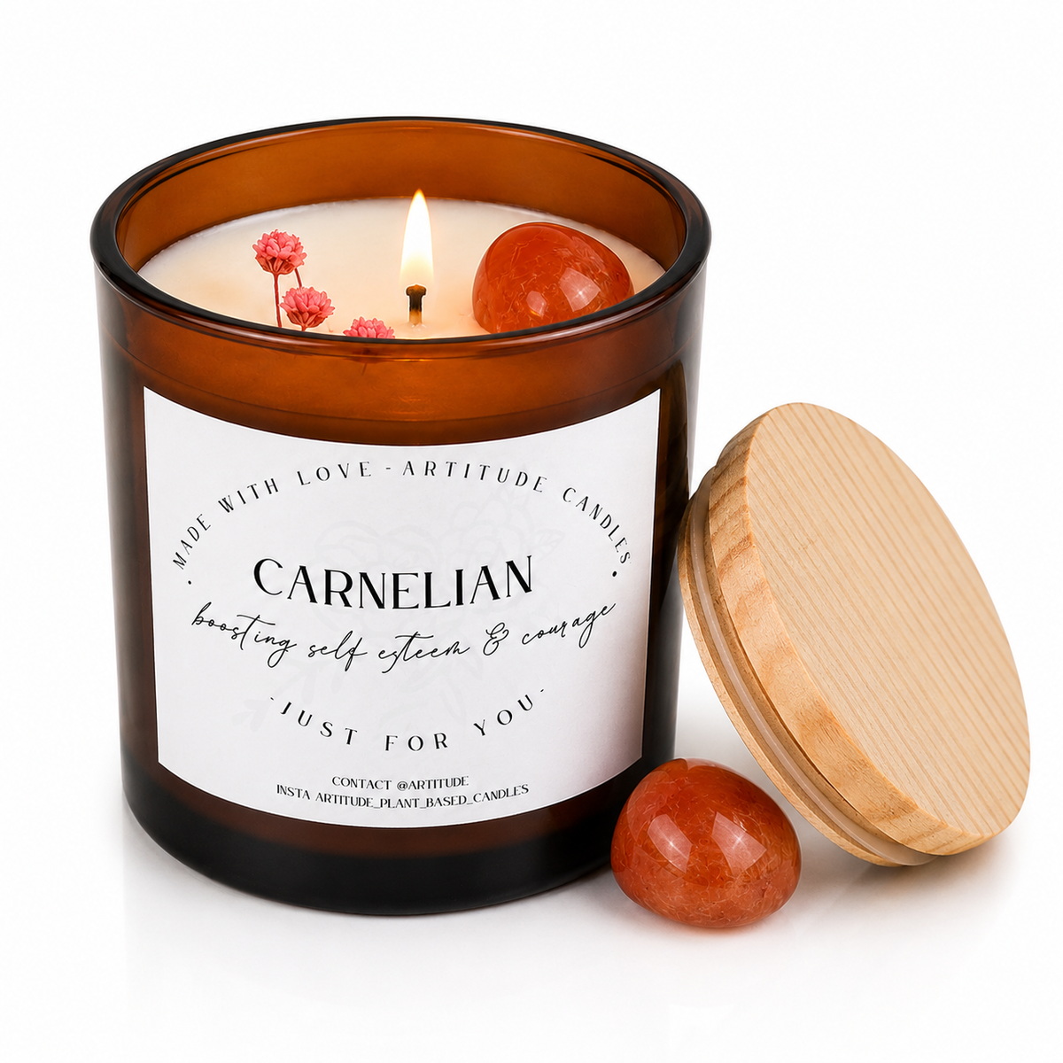 Crystal Candle Carnelian Stone. LAVENDER SCENT. Boost your self esteem & courage.