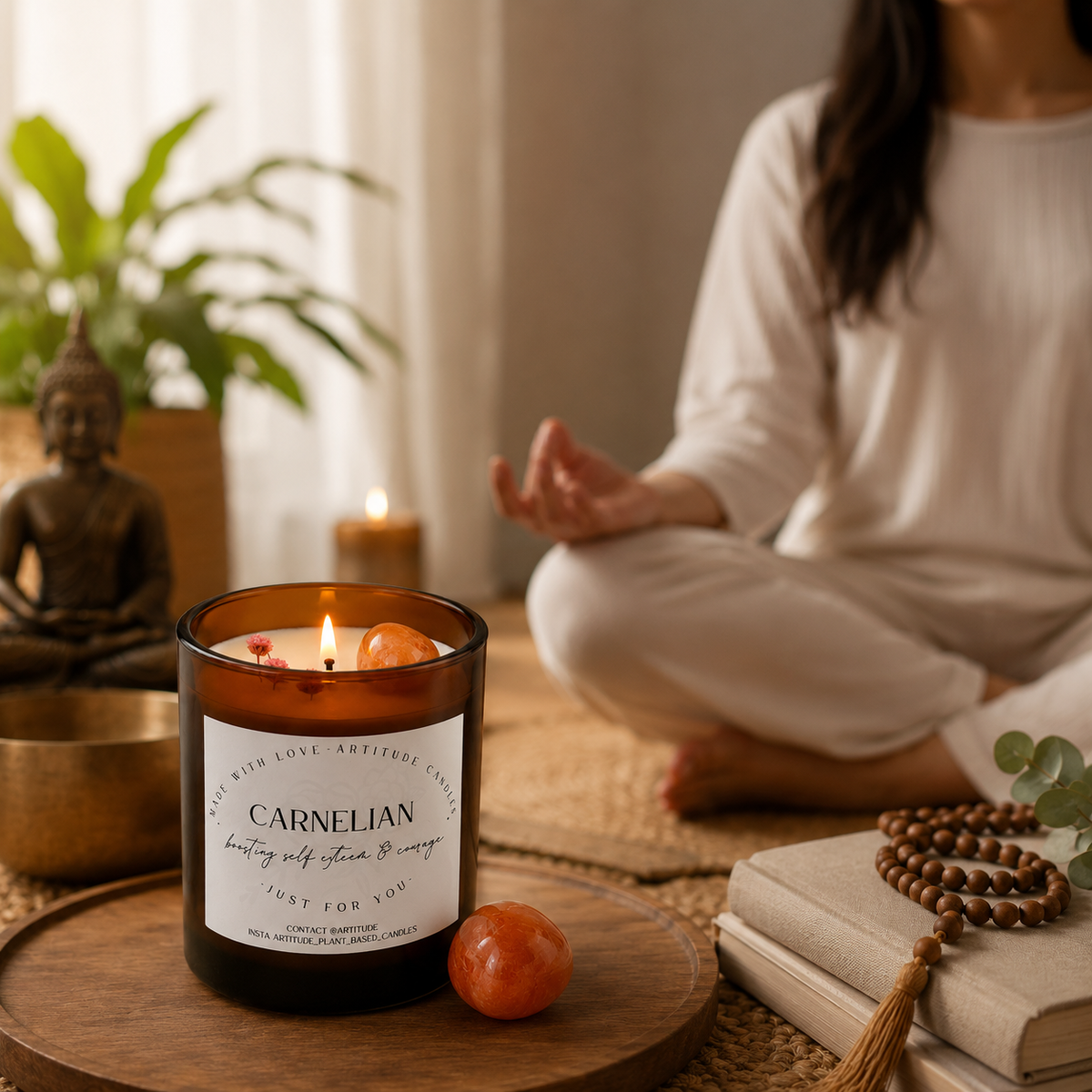 Crystal Candle Carnelian Stone. LAVENDER SCENT. Boost your self esteem & courage.
