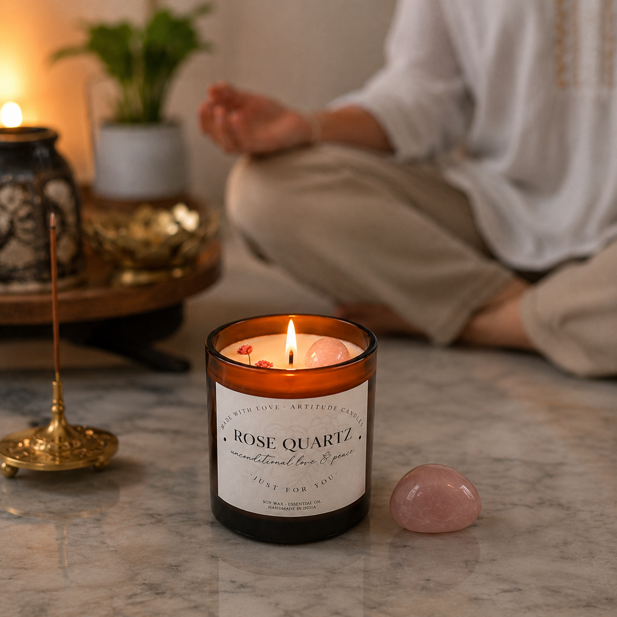 Crystal Candle Rose Quartz. LAVENDER SCENT. Aromatherapy, Love, Harmony & Emotional Healing.