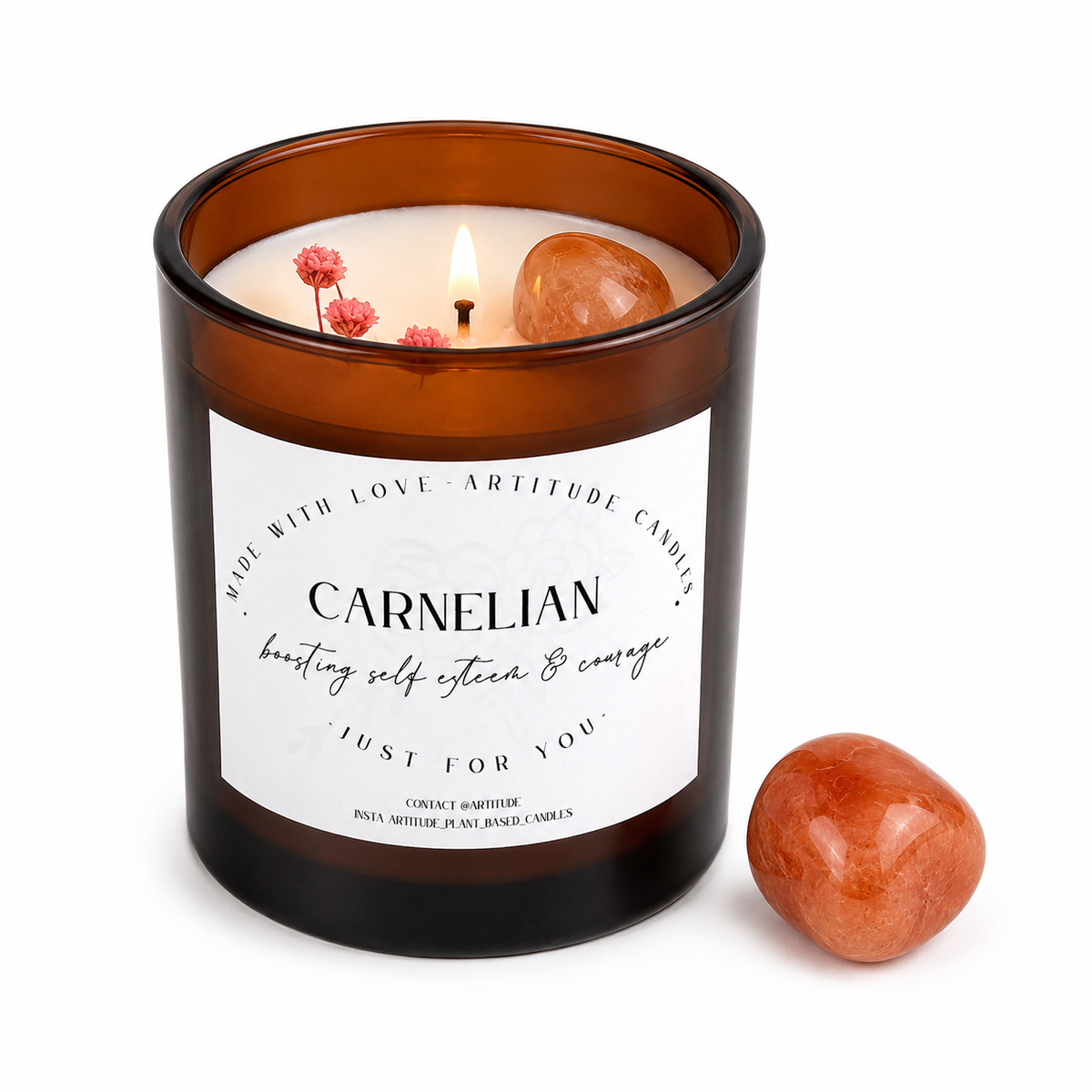 Crystal Candle Carnelian Stone. LAVENDER SCENT. Boost your self esteem & courage.