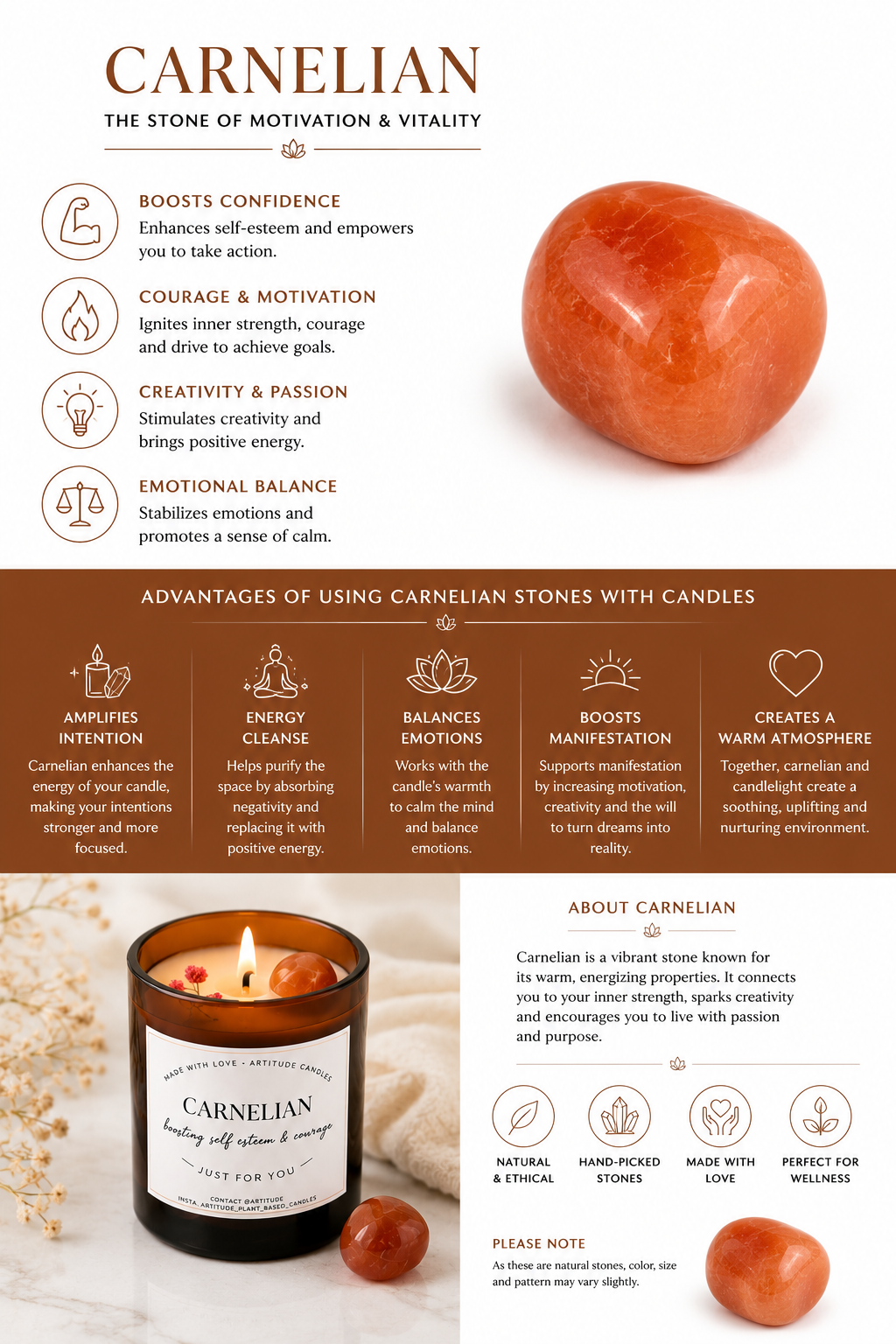 Crystal Candle Carnelian Stone. LAVENDER SCENT. Boost your self esteem & courage.