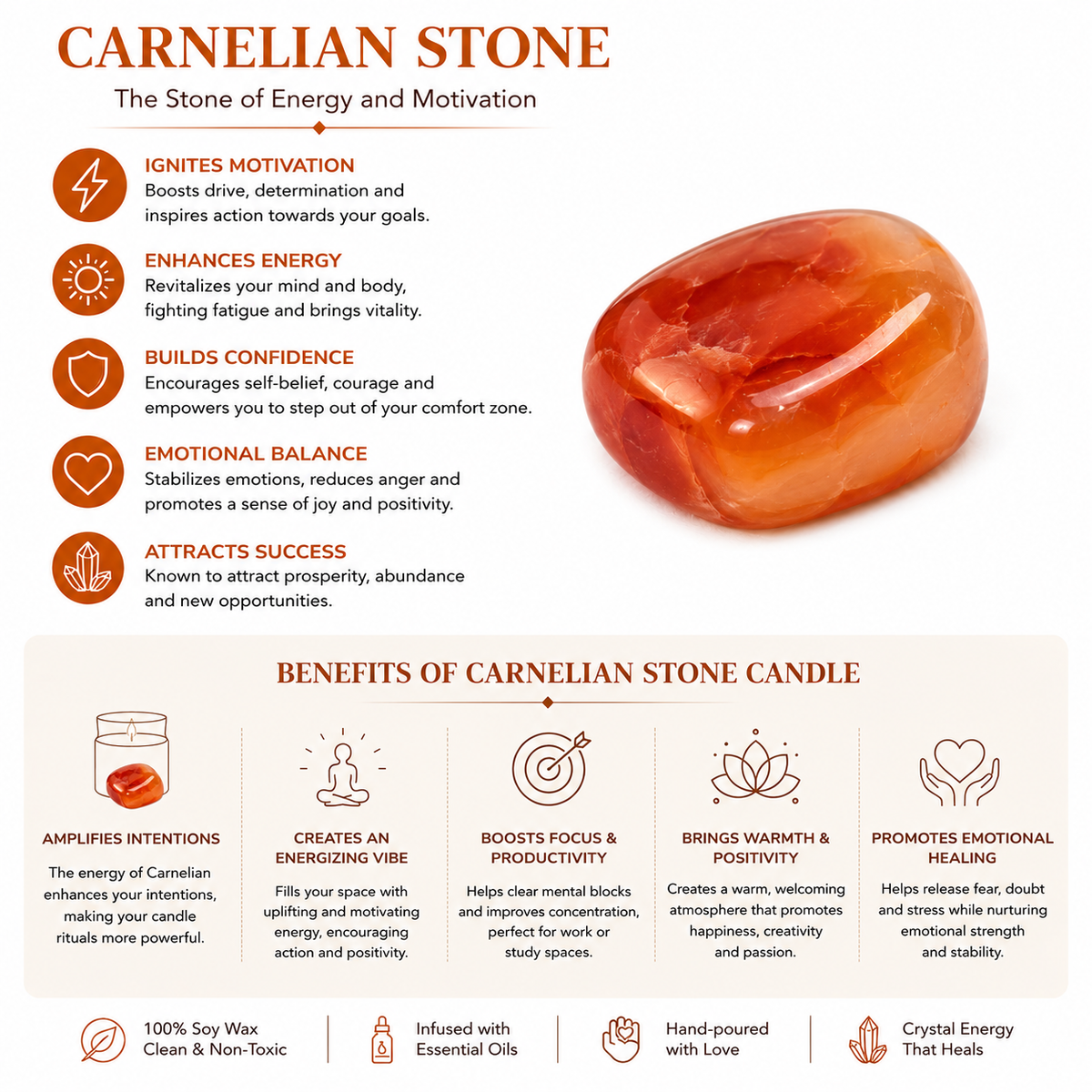 Crystal Candle Carnelian Stone. LAVENDER SCENT. Boost your self esteem & courage.