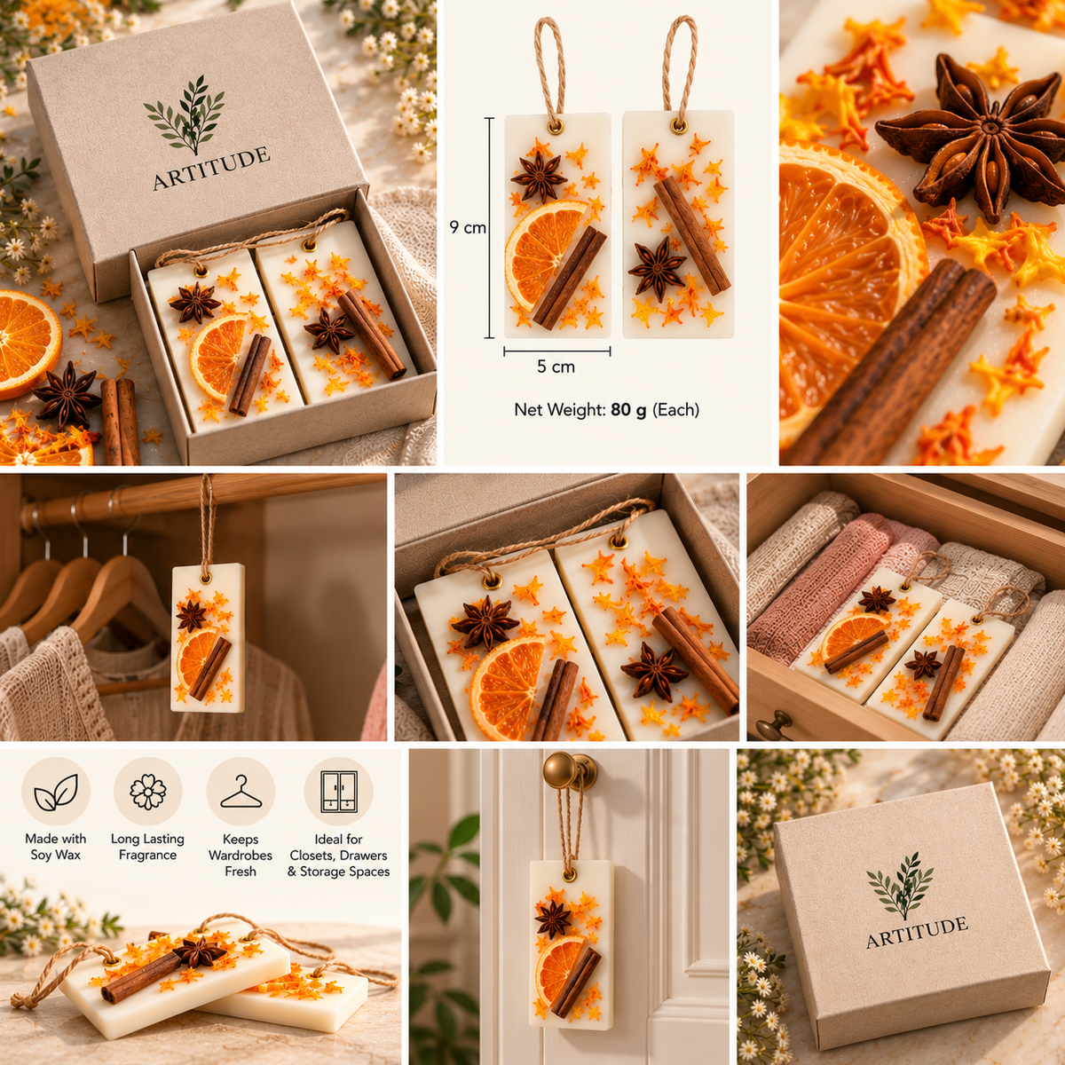ARTITUDE Botanical Soy Wax Wardrobe Fresheners – Set of 2 | Alcohol-Free Essential Oil Scented Wax SachetsICitronella scent
