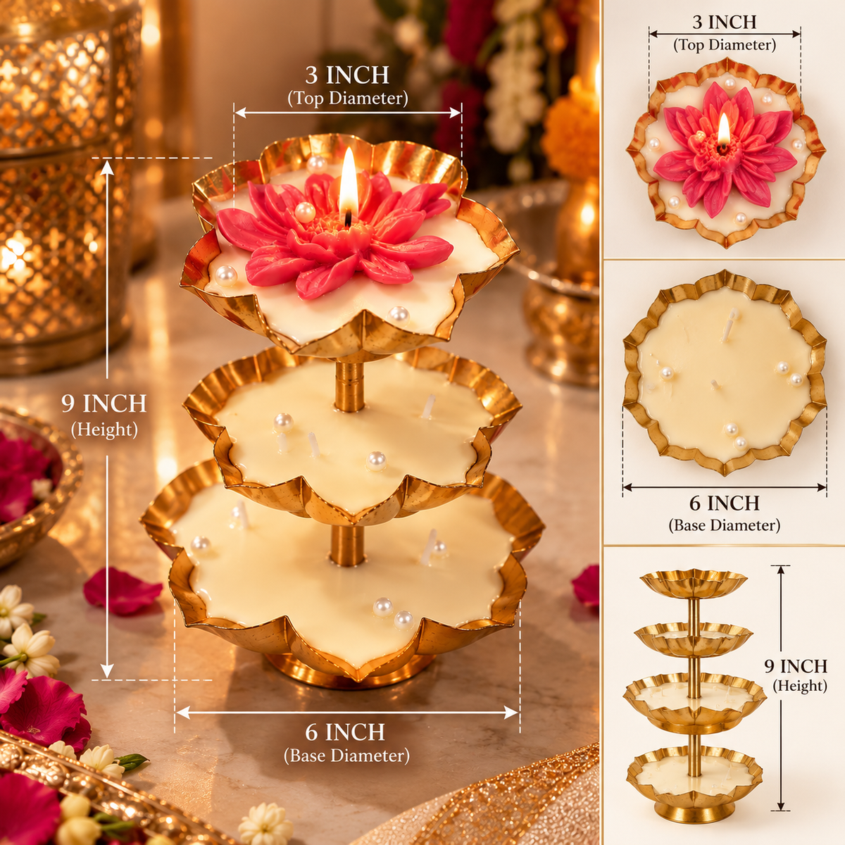 Golden Lotus 3-Tier Candle Diya Centrepiece – Festive & Diwali Décor | ARTITUDE