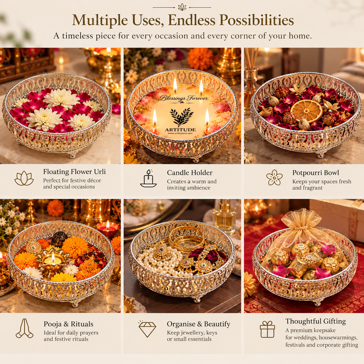 ARTITUDE Blessings Forever Decorative Urli – 8 Inch | Premium Festive, Wedding & Corporate Gift