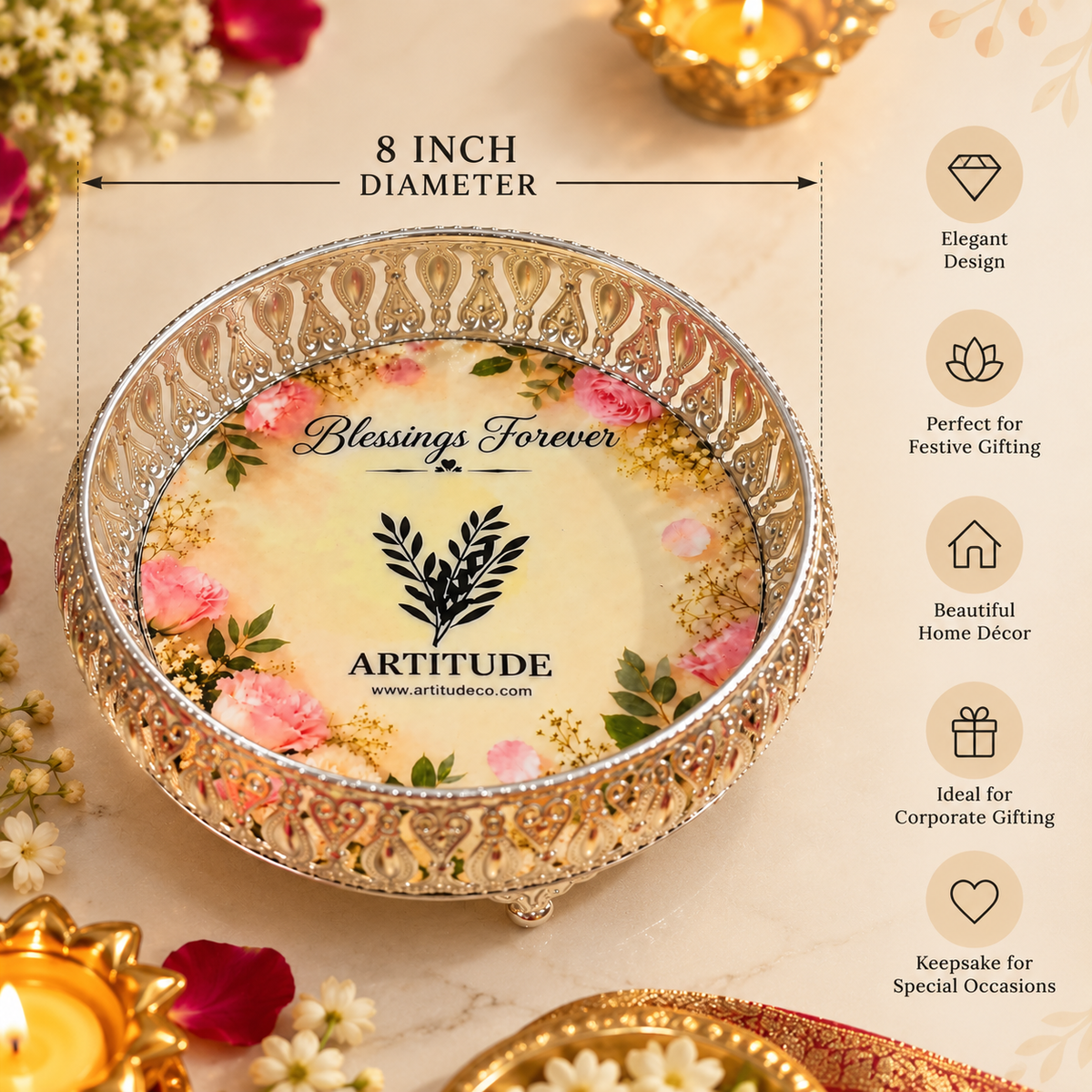 ARTITUDE Blessings Forever Decorative Urli – 8 Inch | Premium Festive, Wedding & Corporate Gift