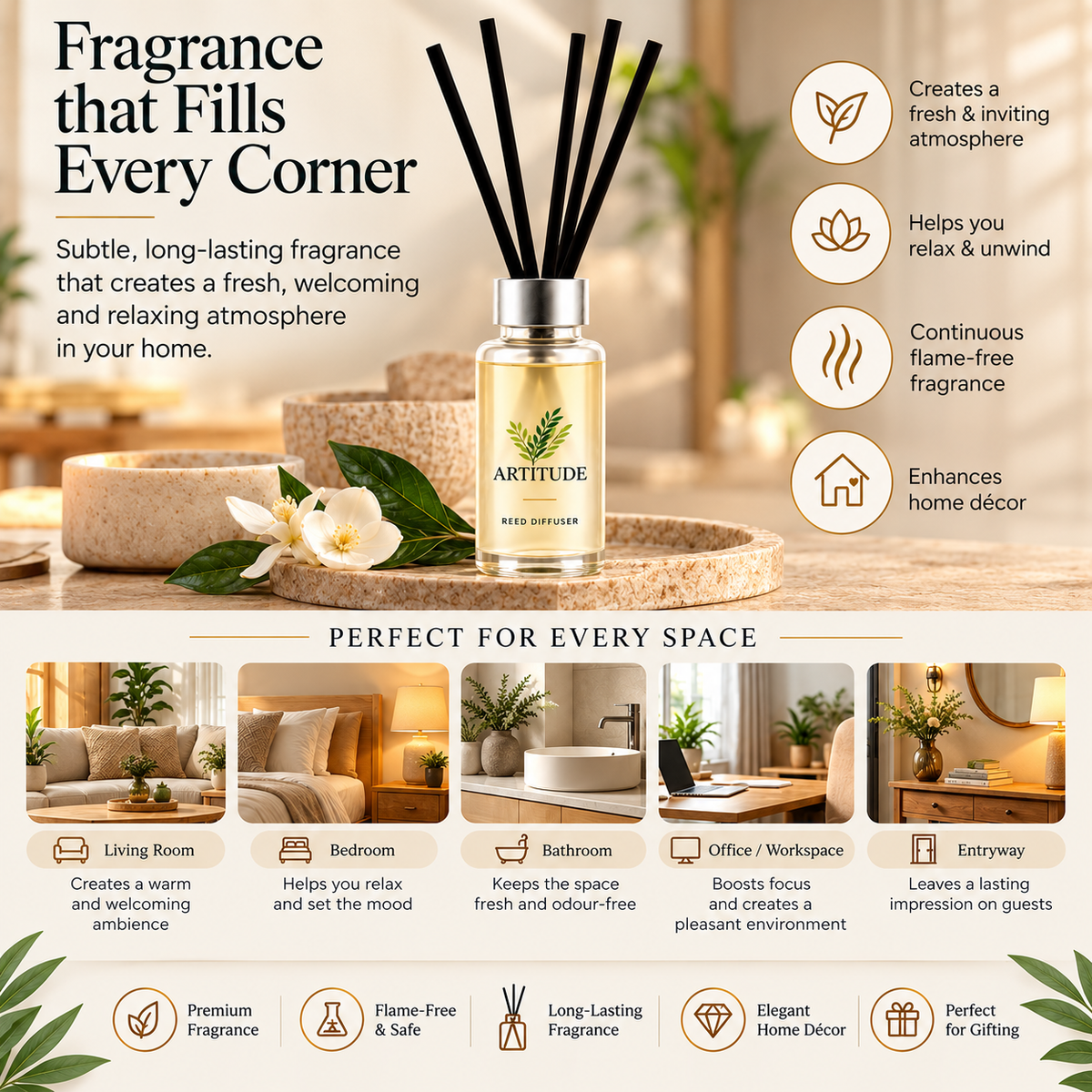 ARTITUDE Jasmine Reed Diffuser for Home & Office | Premium Glass Bottle | Luxury Floral Home Fragrance & Décor