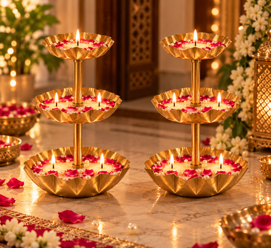 ARTITUDE Royal 3-Tier Golden Urli Candle Stand | Set of 2 | Decorative Diya Stand for Diwali, Puja, Wedding & Festive Home Décor
