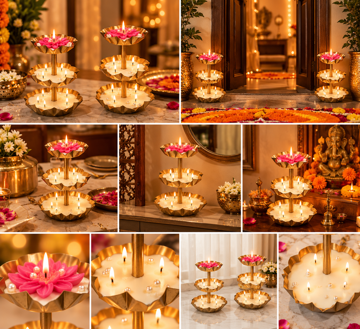 Golden Lotus 3-Tier Candle Diya Centrepiece – Festive & Diwali Décor | ARTITUDE