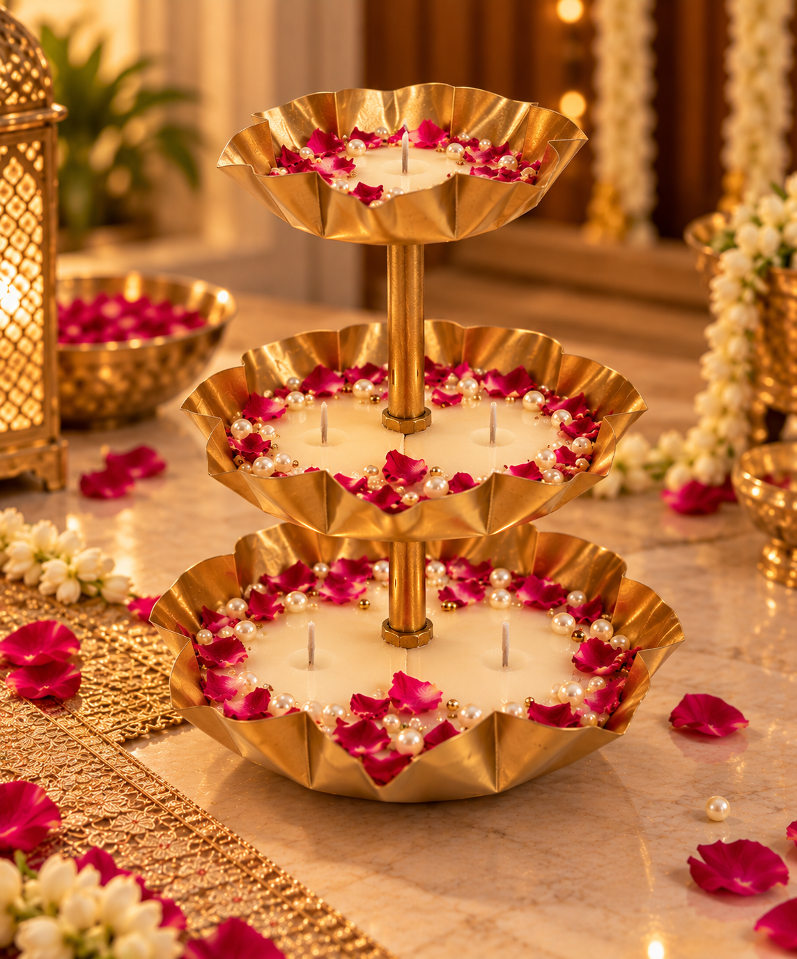 ARTITUDE Luxury 3-Tier Golden Urli Soy Wax Candle | Decorative Diwali Candle Centrepiece for Home, Pooja & Festive Gifting