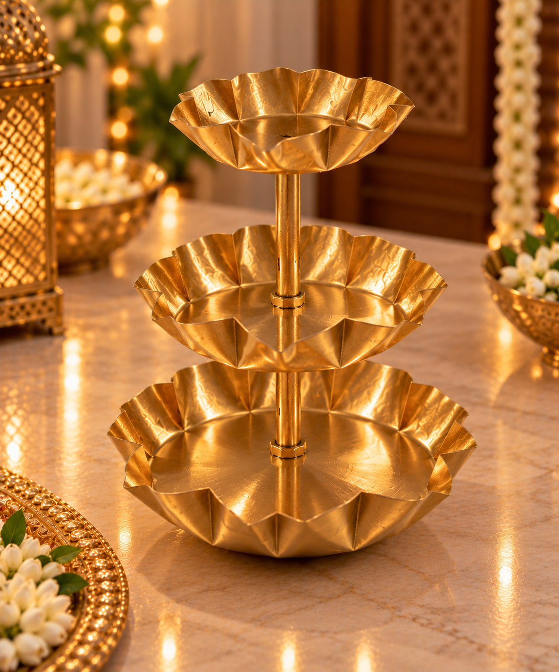 ARTITUDE 3 Tier Golden Lotus Urli Stand | Decorative Metal Flower Bowl for Pooja, Diwali, Wedding & Home Décor