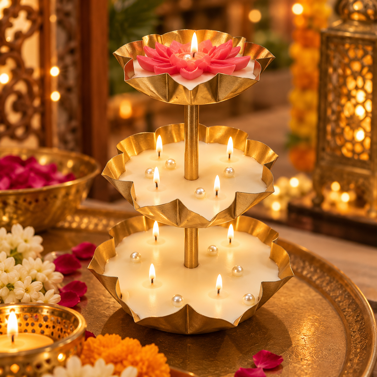 Golden Lotus 3-Tier Candle Diya Centrepiece – Festive & Diwali Décor | ARTITUDE