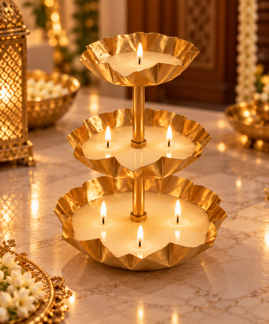 ARTITUDE Luxury 3-Tier Soy Wax Urli Candle | Golden Metal Lotus Diya Centrepiece for Diwali, Puja, Wedding & Home Décor