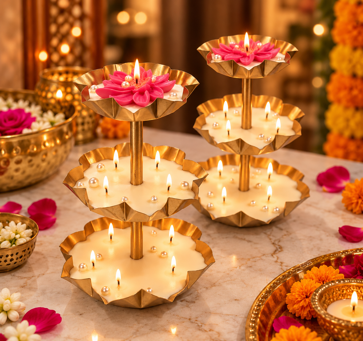 Golden Lotus 3-Tier Candle Diya Centrepiece – Festive & Diwali Décor | ARTITUDE