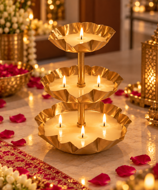 ARTITUDE Luxury 3-Tier Soy Wax Urli Candle | Golden Metal Lotus Diya Centrepiece for Diwali, Puja, Wedding & Home Décor