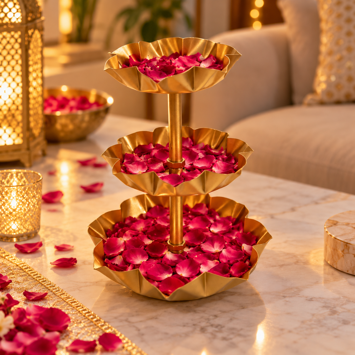 ARTITUDE 3 Tier Golden Lotus Urli Stand | Decorative Metal Flower Bowl for Pooja, Diwali, Wedding & Home Décor