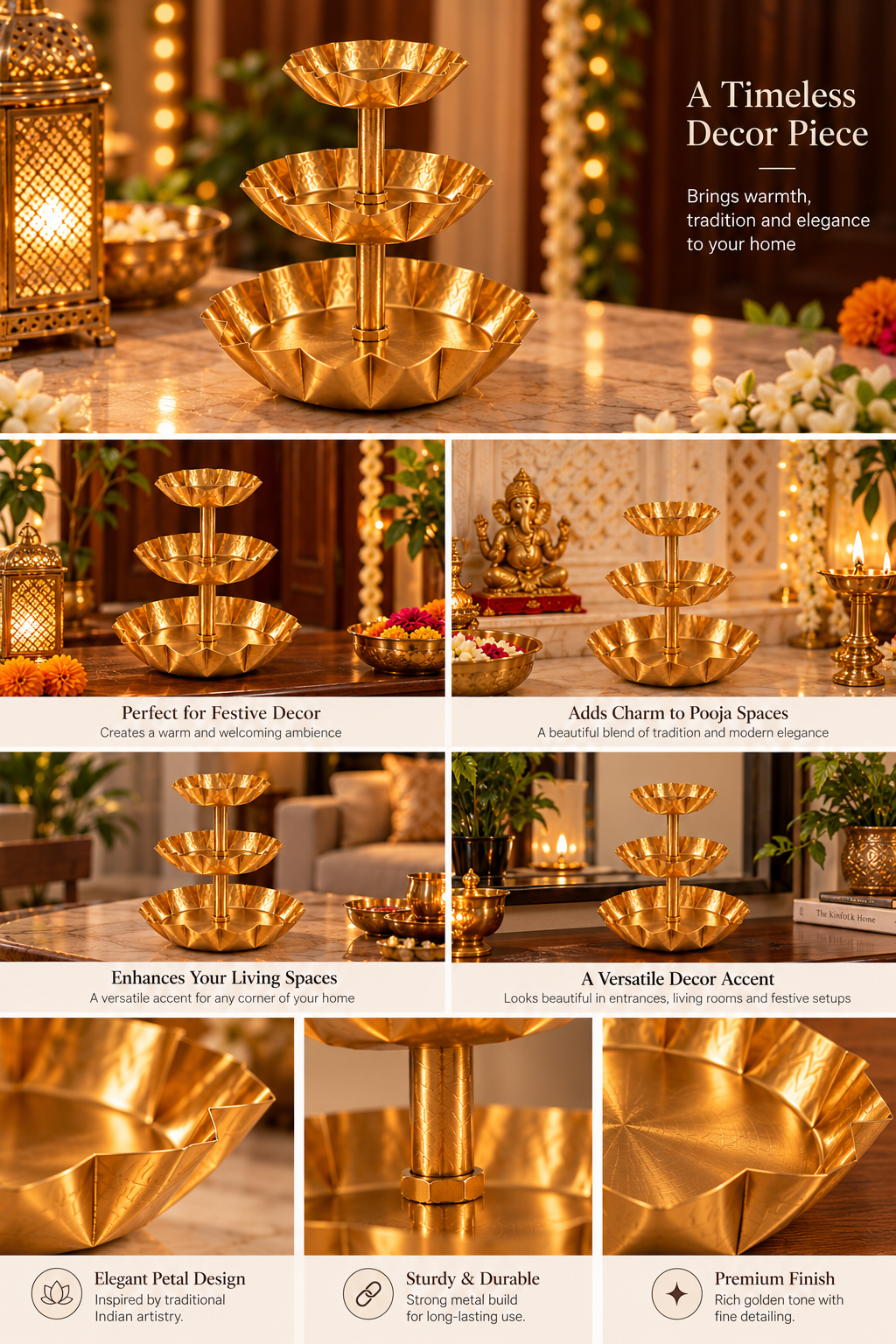 Golden Lotus 3-Tier Candle Diya Centrepiece – Festive & Diwali Décor | ARTITUDE