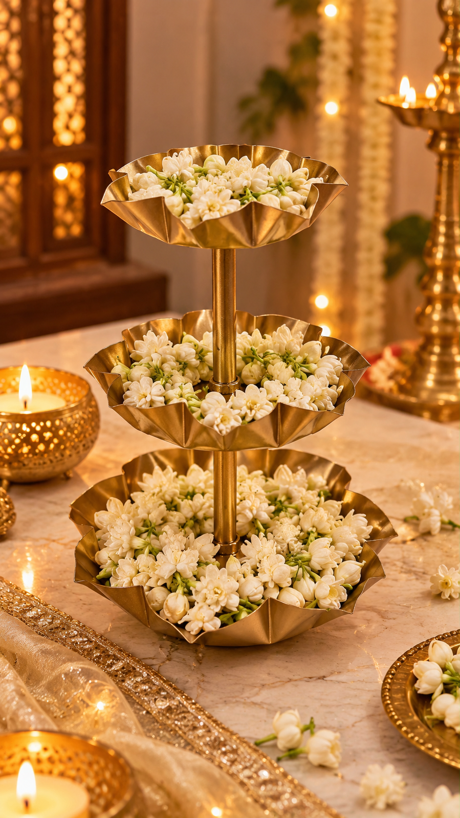ARTITUDE 3 Tier Golden Lotus Urli Stand | Decorative Metal Flower Bowl for Pooja, Diwali, Wedding & Home Décor