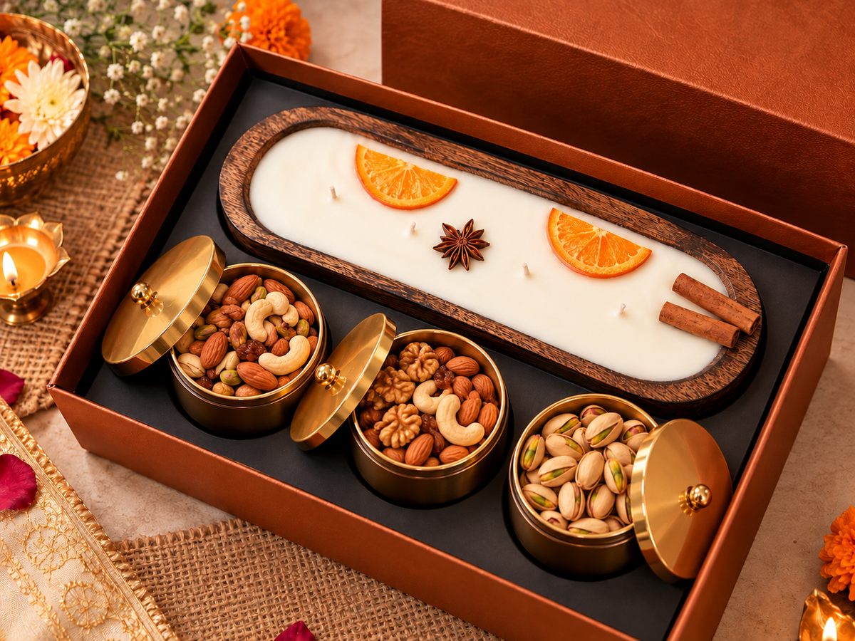 Luxury Diwali Gift Hamper with Wooden Soy Wax Spice Candle & Premium Dry Fruits in Copper finish Jars