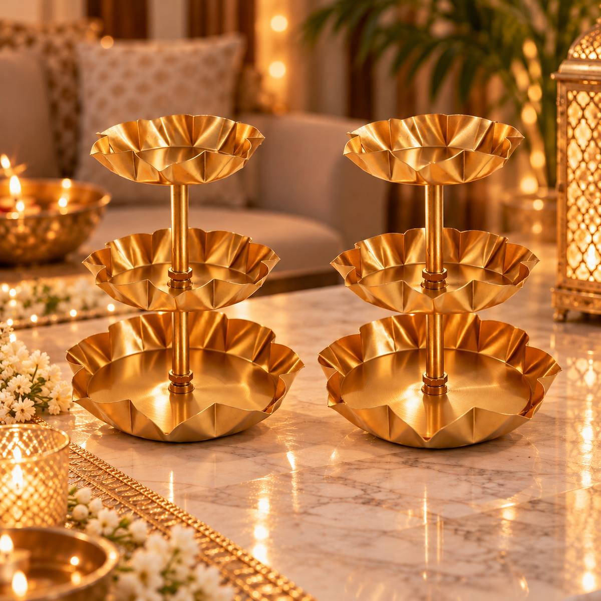 ARTITUDE Premium 3-Tier Golden Urli Stand Set of 2 | Decorative Metal Lotus Urli for Home Entrance, Diwali, Pooja & Wedding Décor