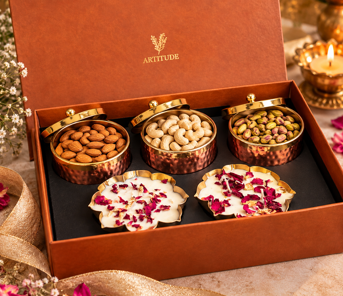 ARTITUDE Royal Heritage Luxury Gift Hamper | Soy Wax 2 Urli Candles, 4.5'' & Premium Dry Fruits in Copper Finish Metal Jars | Festive & Corporate Gifting