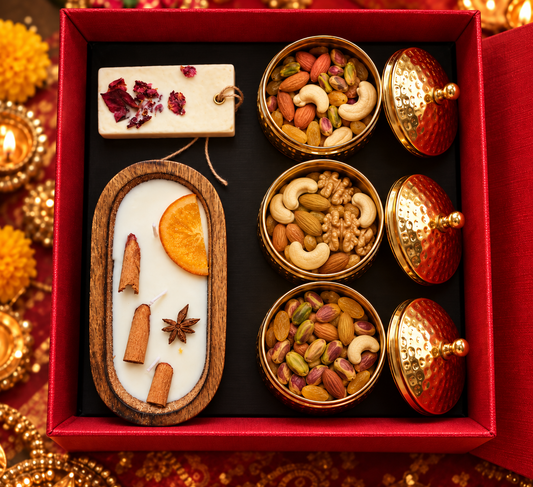 The Royal Radiance Collection- Premium Diwali Gift Hamper with Soy Wax Wooden Candle, Golden Dry Fruit Jars & Wardrobe Freshener