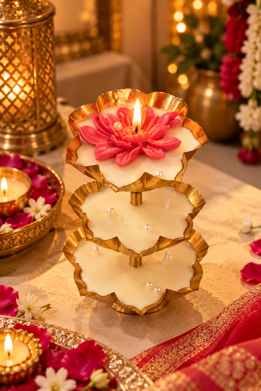 Golden Lotus 3-Tier Candle Diya Centrepiece – Festive & Diwali Décor | ARTITUDE