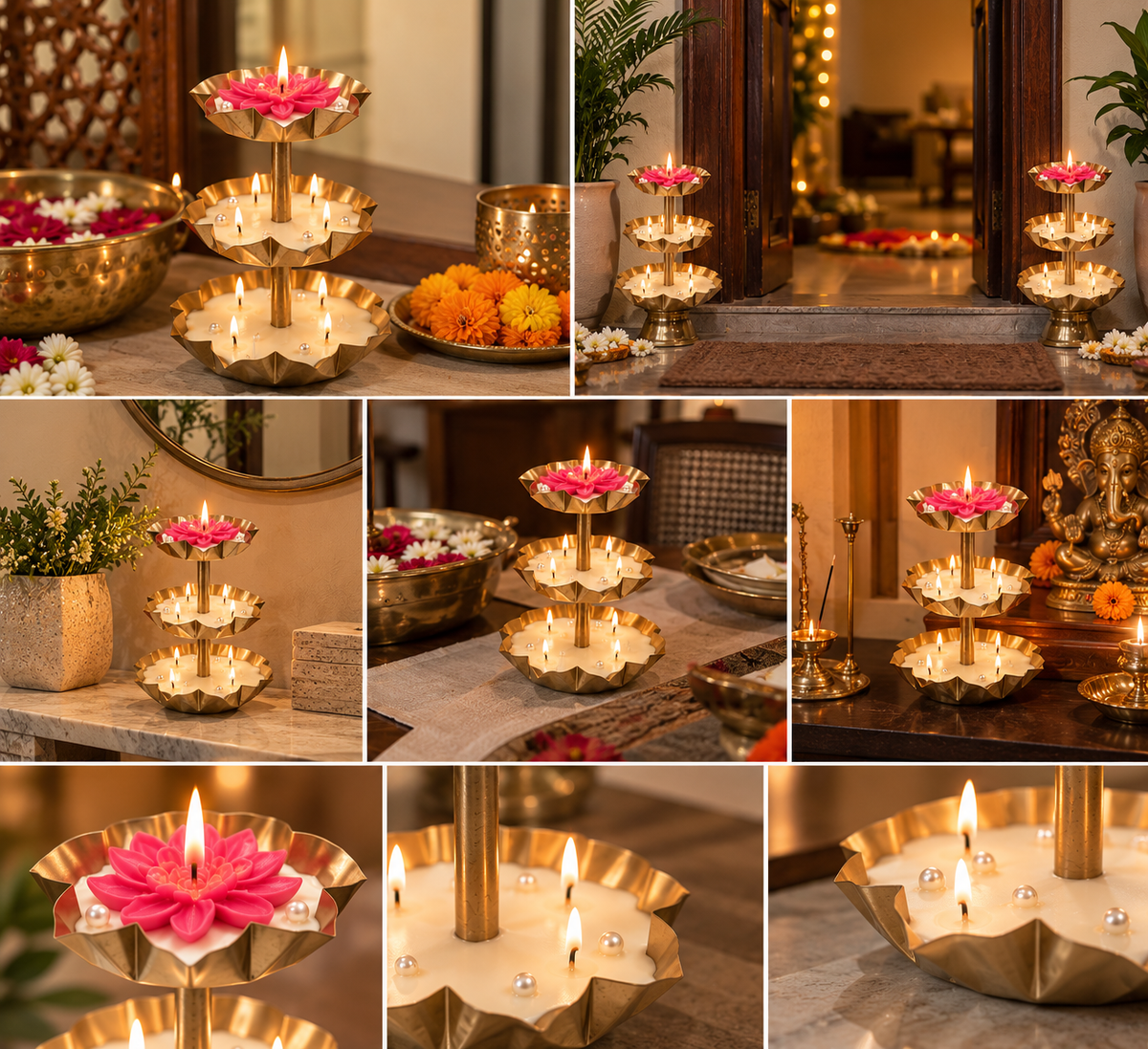 Golden Lotus 3-Tier Candle Diya Centrepiece – Festive & Diwali Décor | ARTITUDE