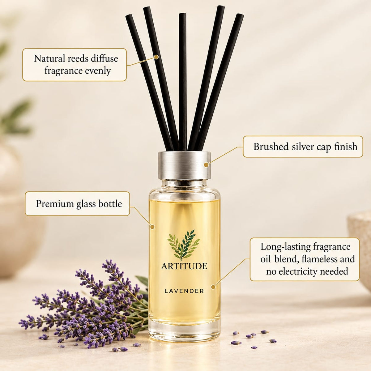 ARTITUDE Lavender Reed Diffuser for Home & Office | Premium Glass Bottle | Elegant Home Fragrance & Décor