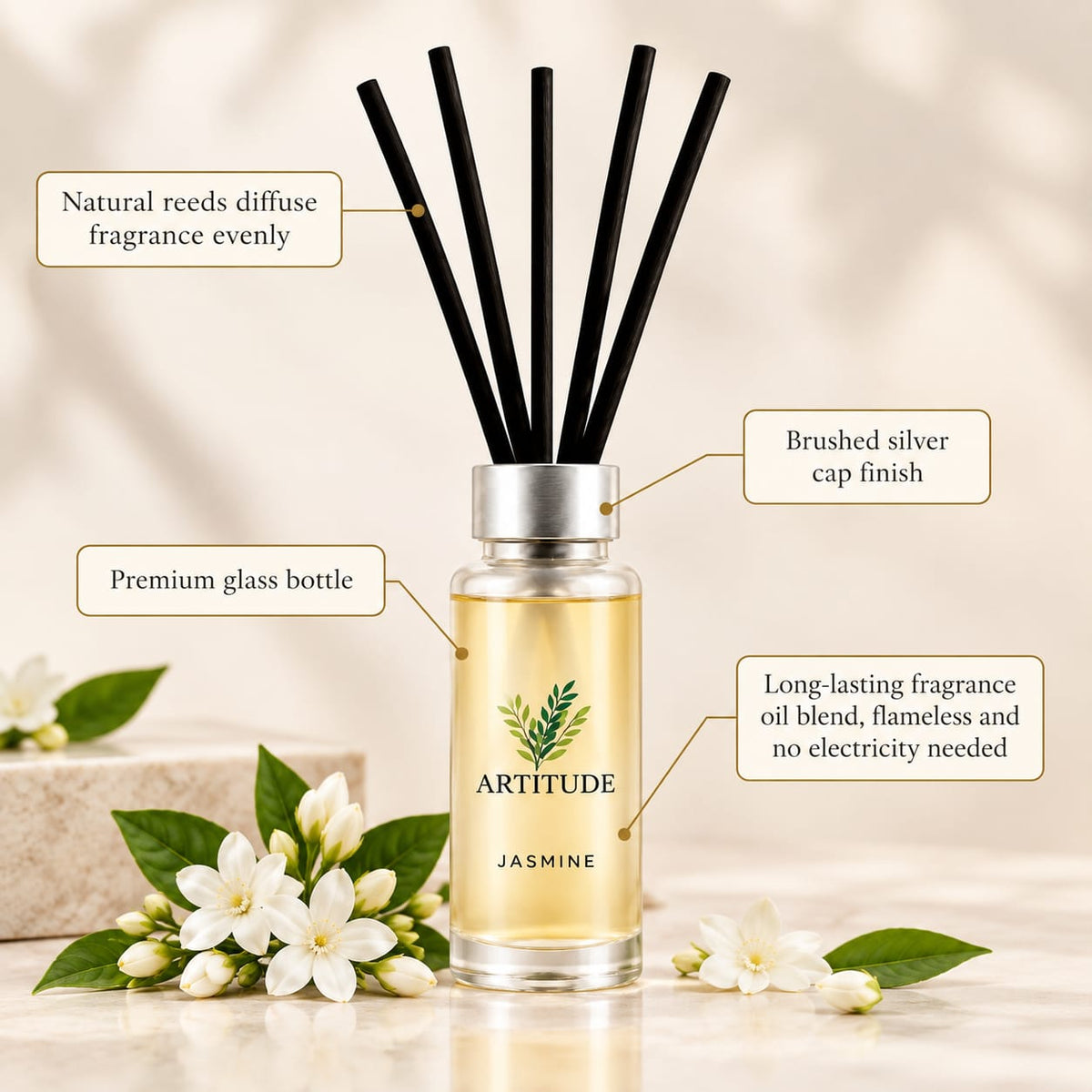 ARTITUDE Jasmine Reed Diffuser for Home & Office | Premium Glass Bottle | Luxury Floral Home Fragrance & Décor
