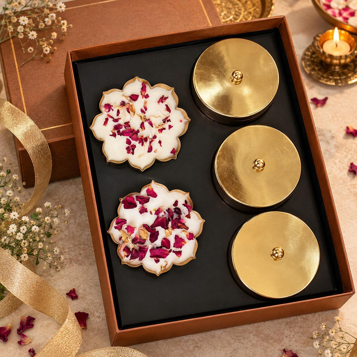 ARTITUDE Royal Heritage Luxury Gift Hamper | Soy Wax 2 Urli Candles, 4.5'' & Premium Dry Fruits in Copper Finish Metal Jars | Festive & Corporate Gifting