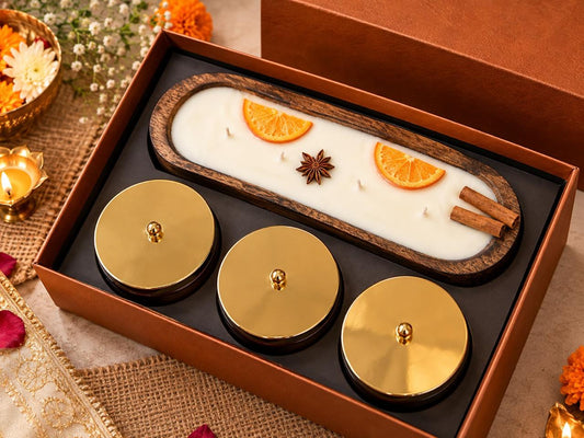 Luxury Diwali Gift Hamper with Wooden Soy Wax Spice Candle & Premium Dry Fruits in Copper finish Jars