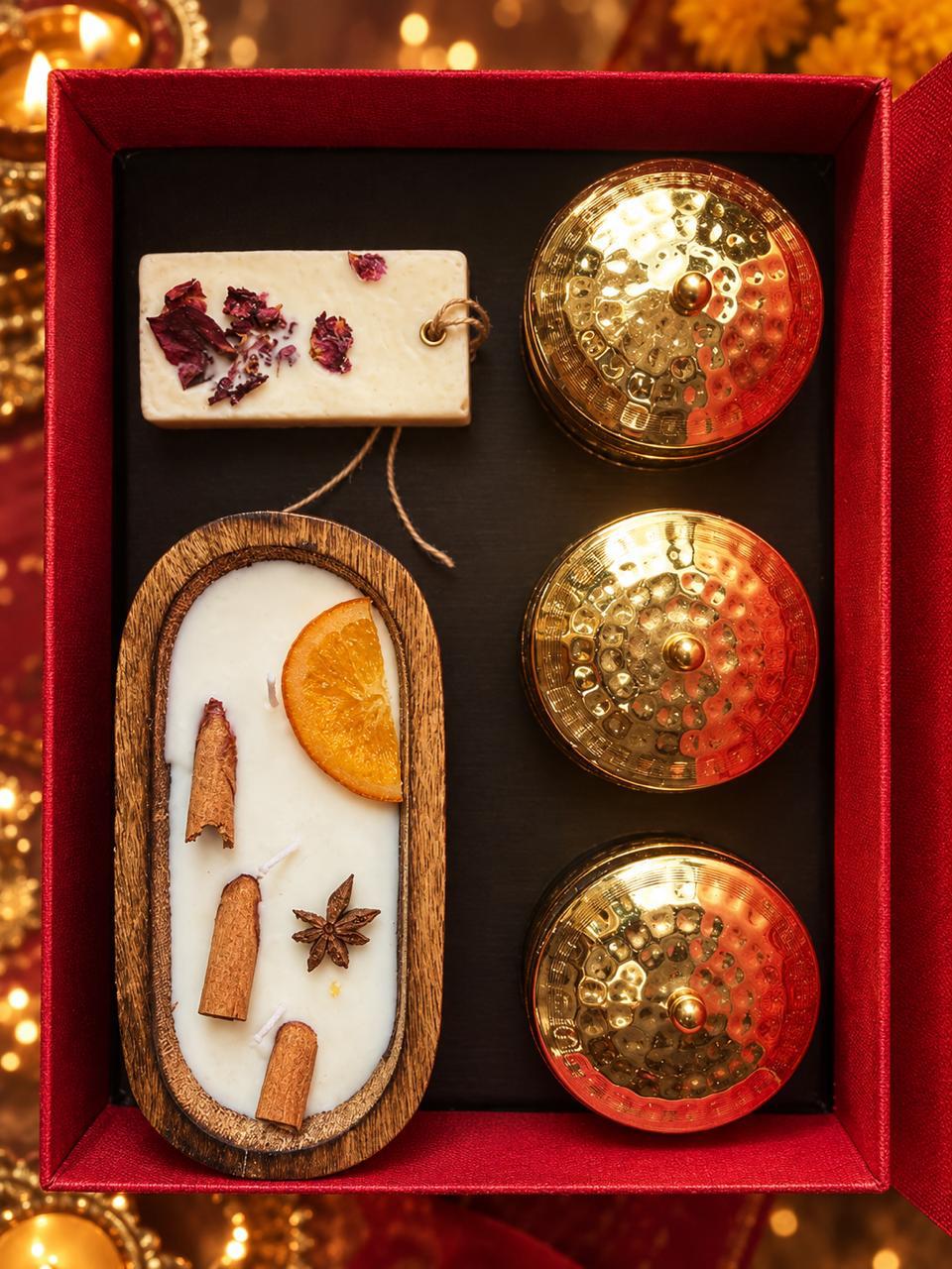 The Royal Radiance Collection- Premium Diwali Gift Hamper with Soy Wax Wooden Candle, Golden Dry Fruit Jars & Wardrobe Freshener